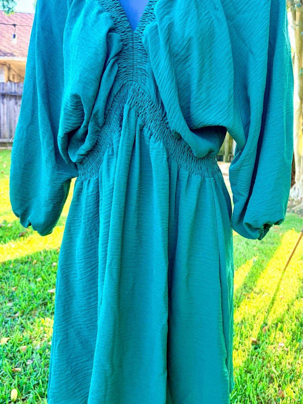 Emerald Green Smocked Waist V-Neck Women’s Dress